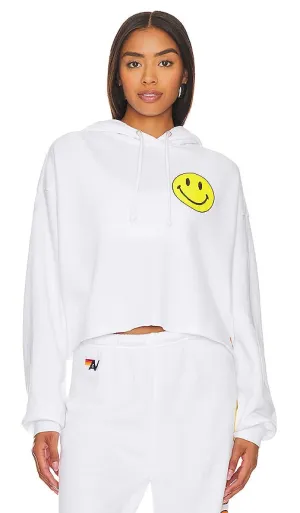 Aviator Nation Smiley 2 Relaxed Cropped Hoodie in White