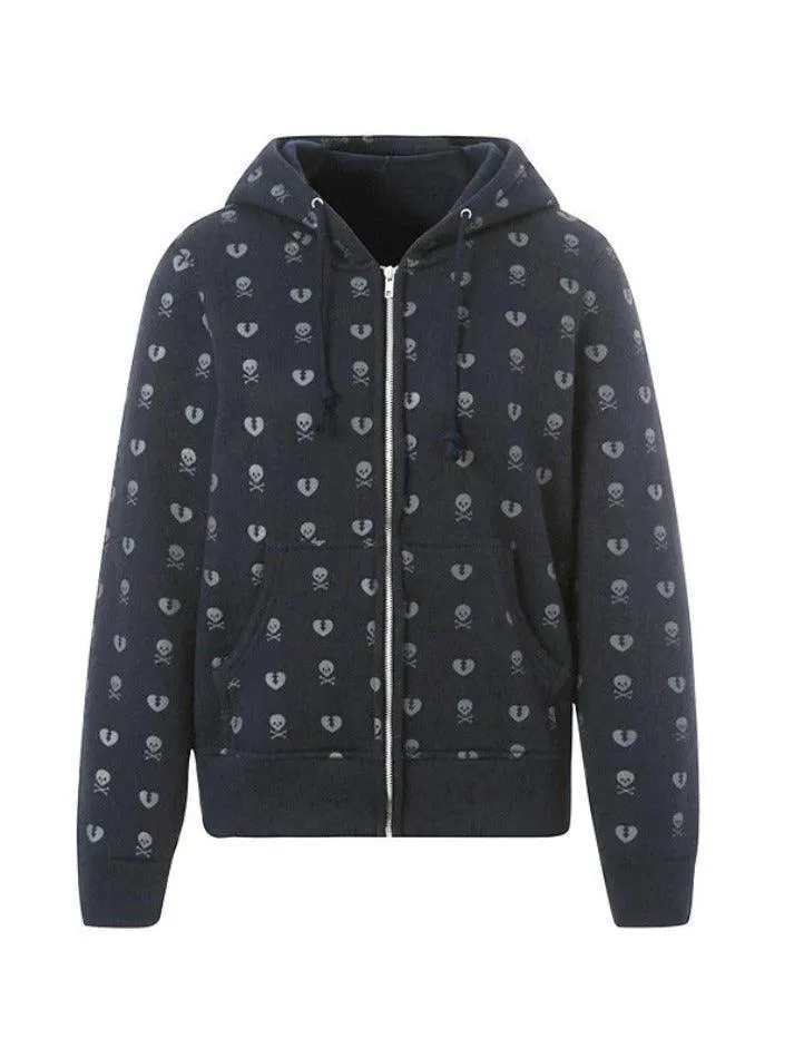 Back To School Sonicelife Lined Detail Skull Heart Zip Up Hoodie