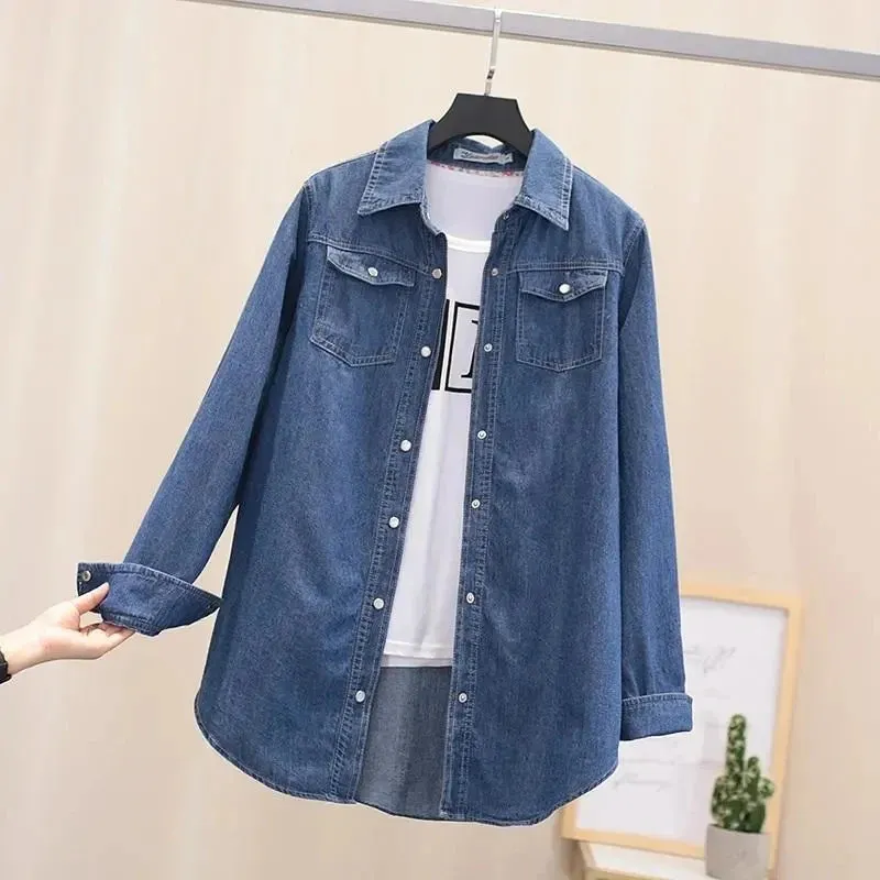 Basic Unlined Denim Shirts Women Casual Single-Breasted Short Jeans Blouses Boyfriend Spring Blusas Classic Long Sleeve Tops