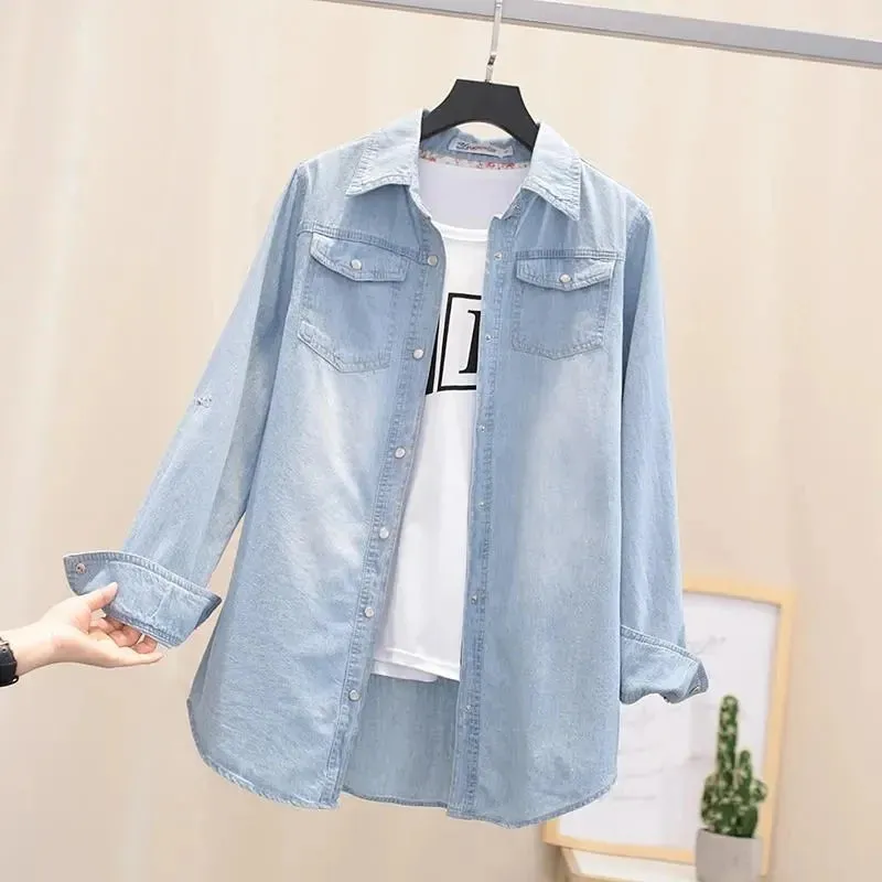 Basic Unlined Denim Shirts Women Casual Single-Breasted Short Jeans Blouses Boyfriend Spring Blusas Classic Long Sleeve Tops