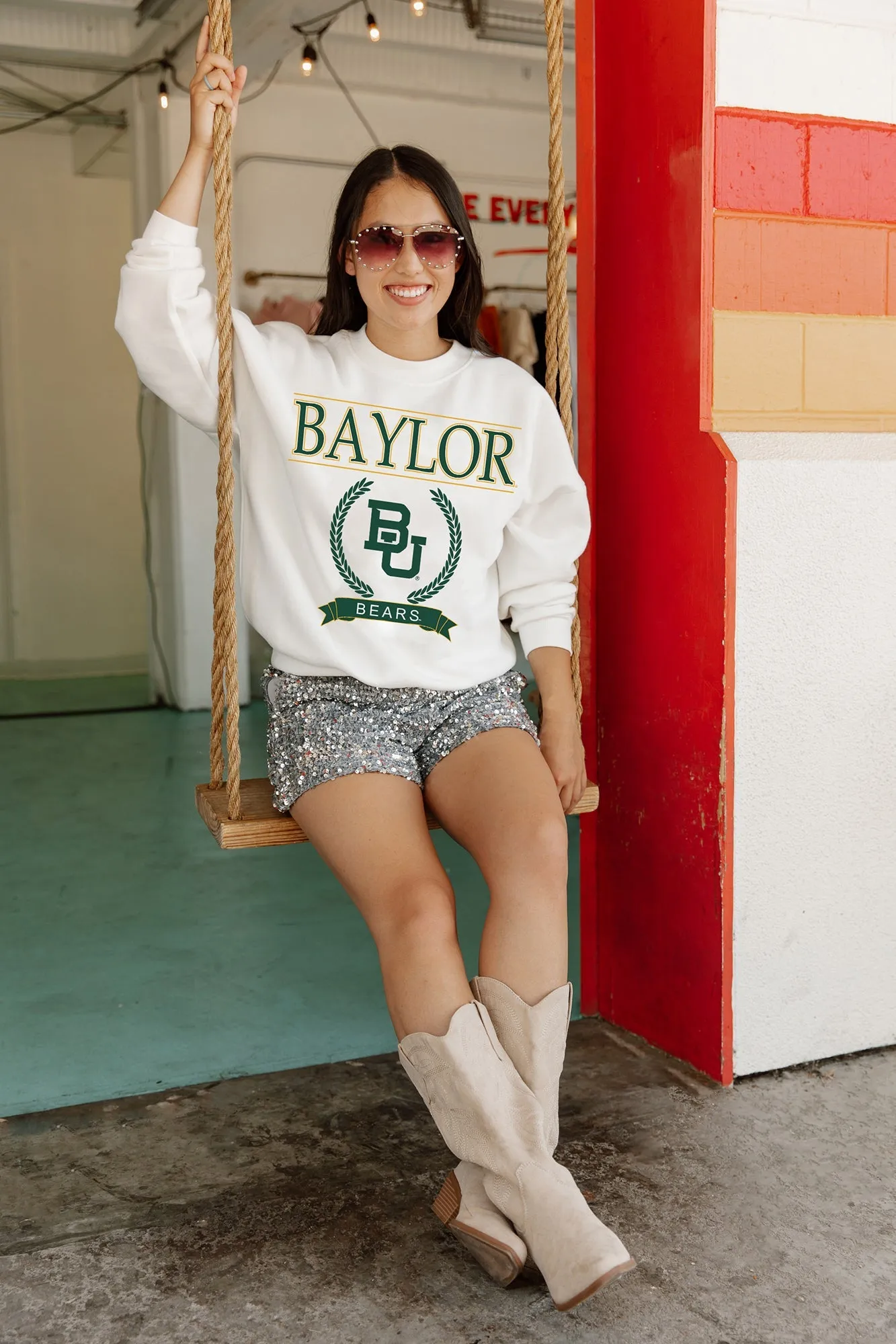 BAYLOR BEARS HAVING A BALL PREMIUM FLEECE DROP SHOULDER CREWNECK PULLOVER BY MADI PREWETT TROUTT