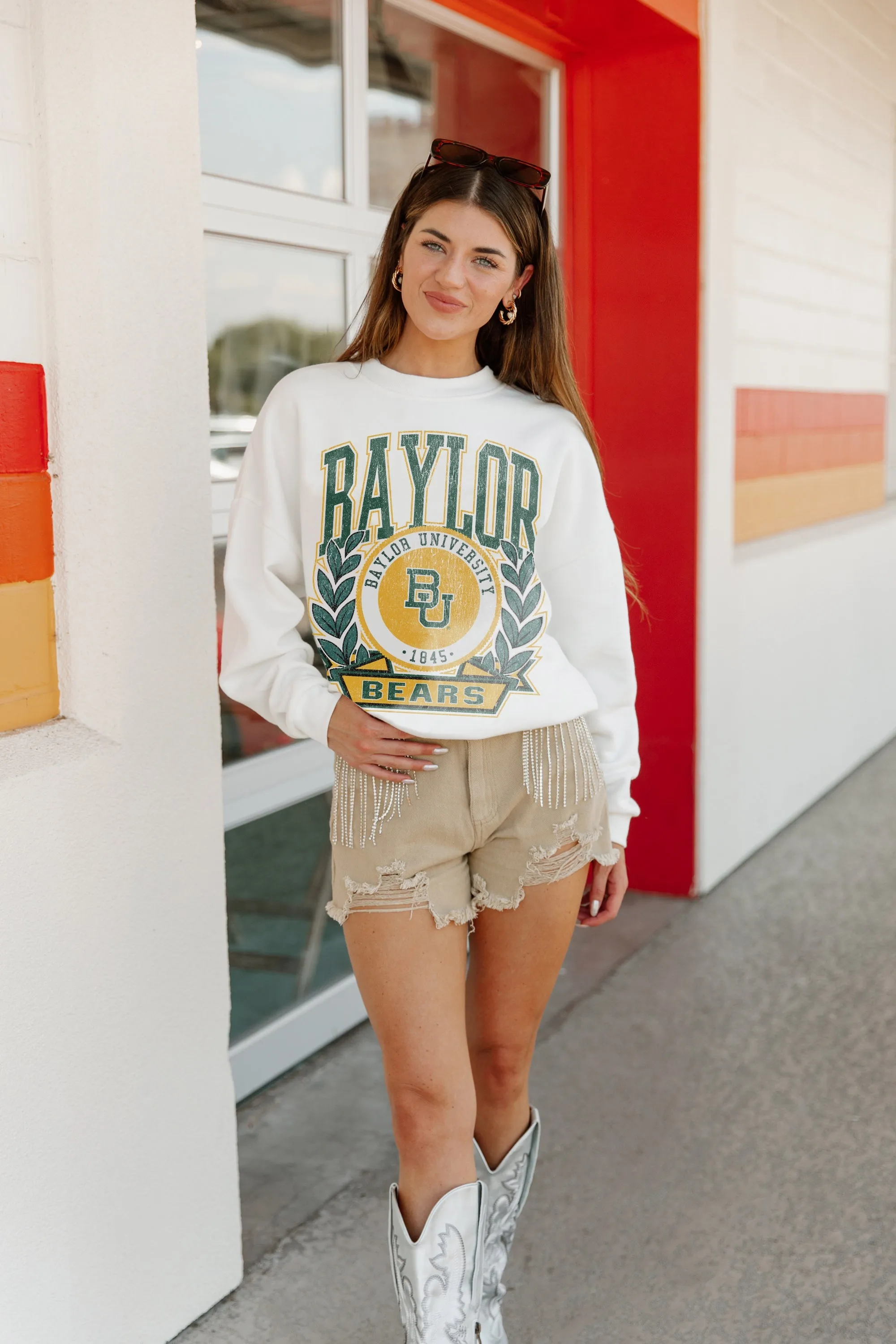BAYLOR BEARS TIME TO TAILGATE PREMIUM FLEECE DROP SHOULDER CREWNECK PULLOVER BY MADI PREWETT TROUTT