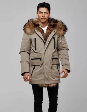 Beige Fur Trimmed Parka For Men