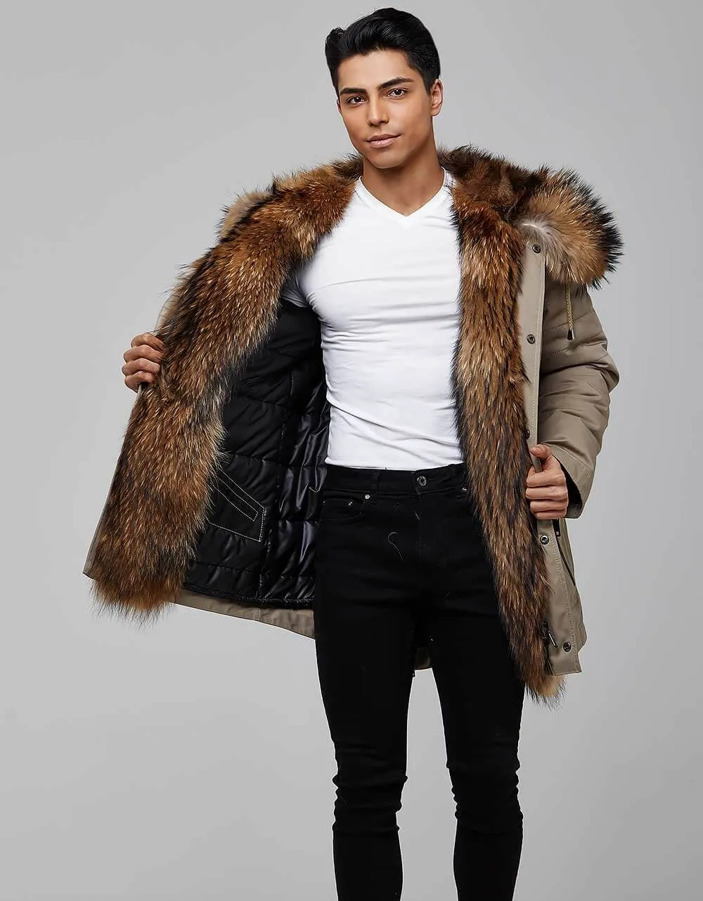 Beige Fur Trimmed Parka For Men