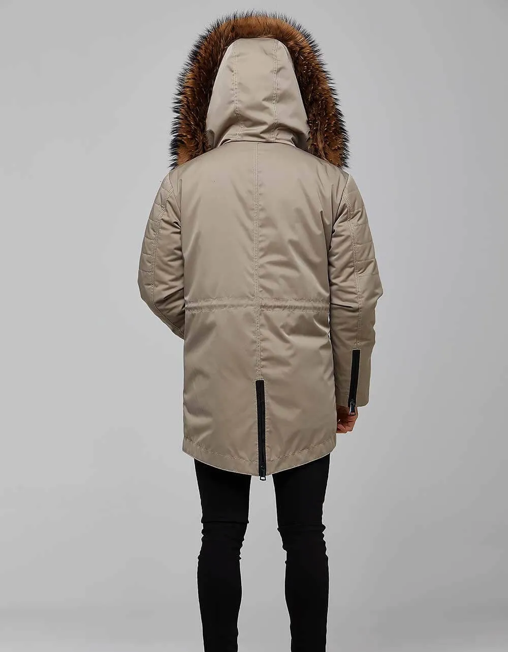 Beige Fur Trimmed Parka For Men