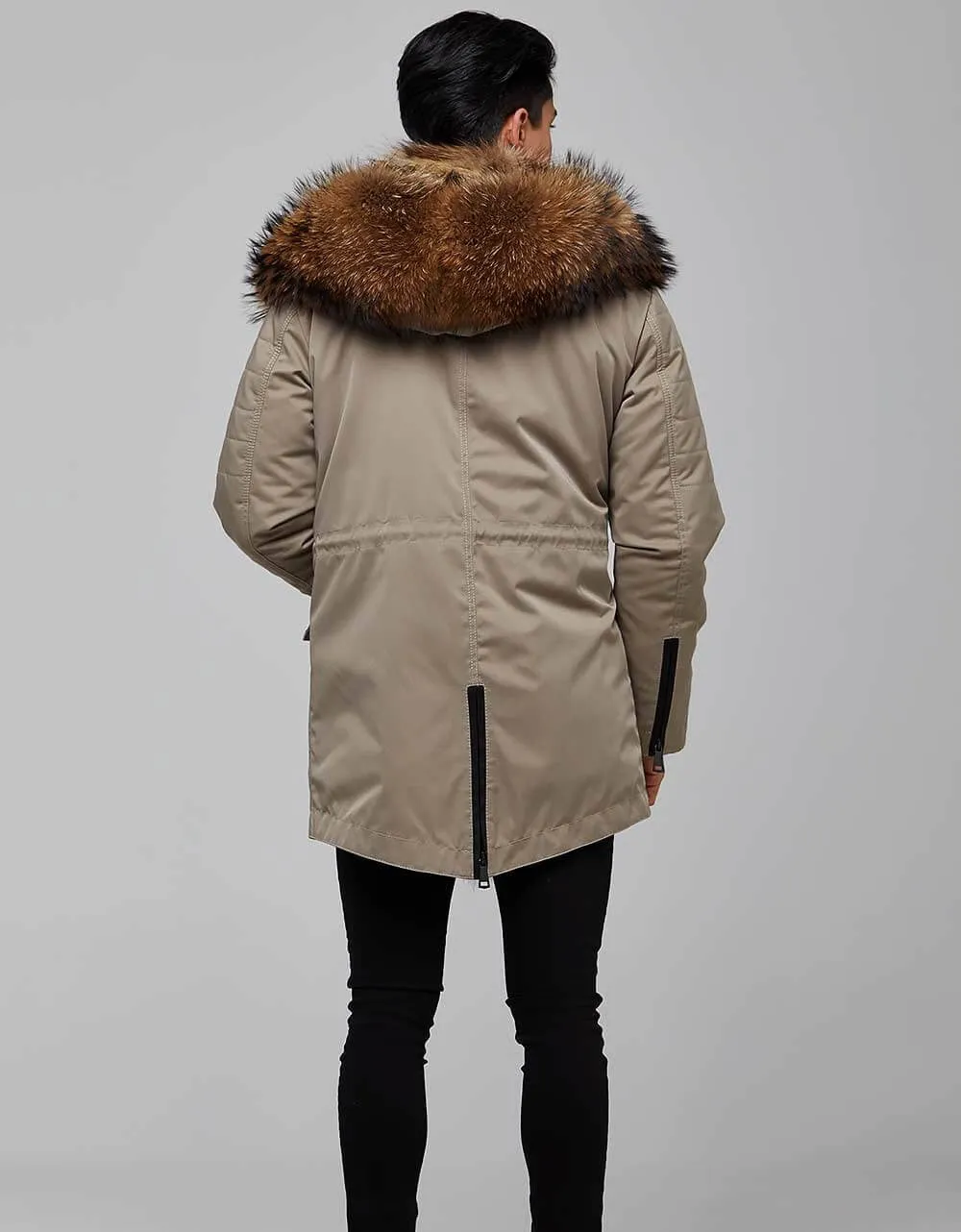 Beige Fur Trimmed Parka For Men