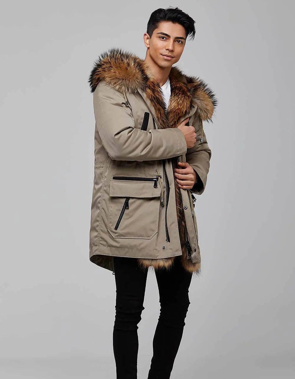 Beige Fur Trimmed Parka For Men