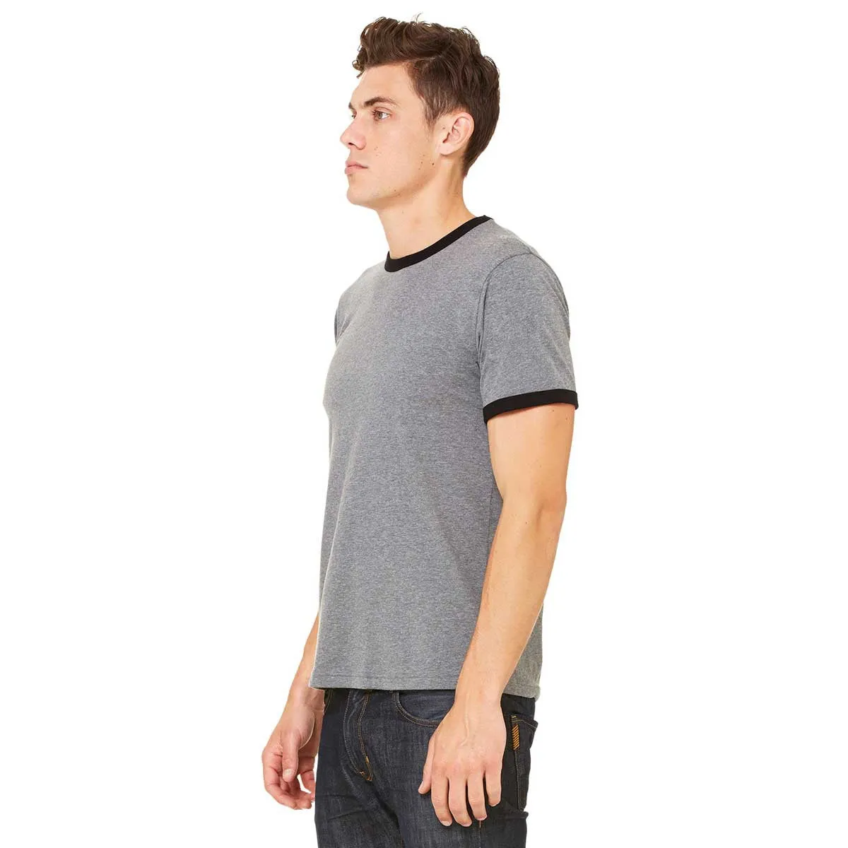 Bella   Canvas Men's Deep Heather/Black Jersey Short-Sleeve Ringer T-Shirt