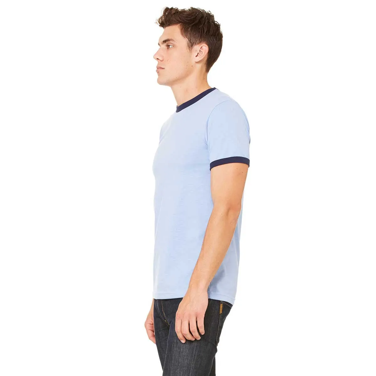 Bella   Canvas Men's Heather Blue/Navy Jersey Short-Sleeve Ringer T-Shirt