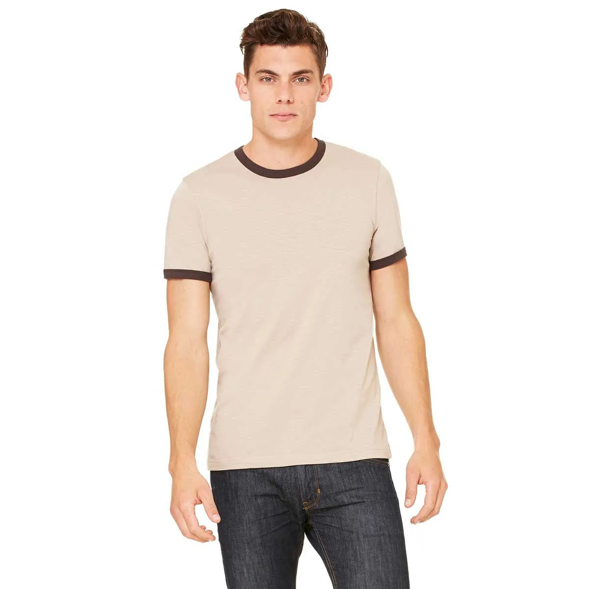 Bella   Canvas Men's Heather Tan/Brown Jersey Short-Sleeve Ringer T-Shirt