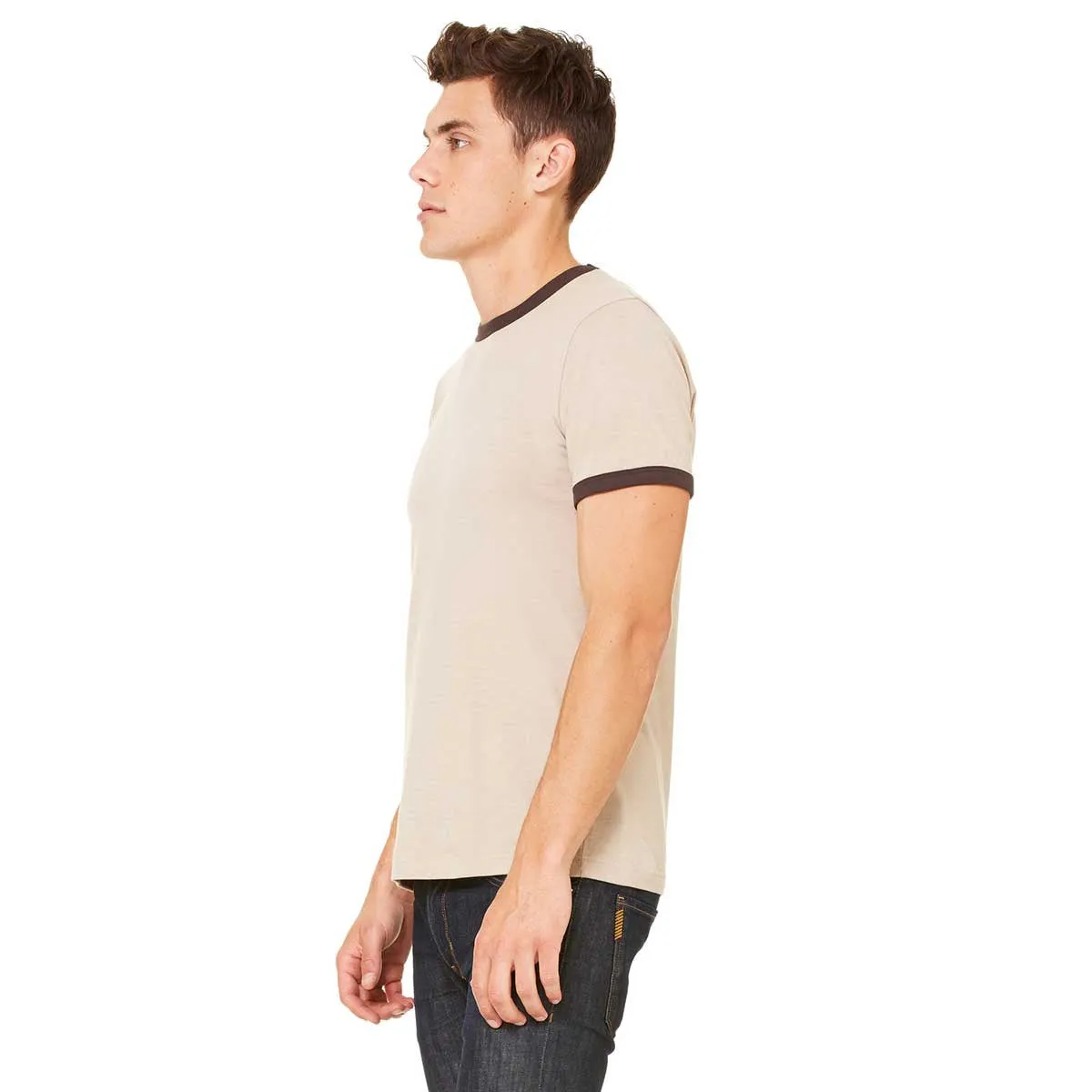 Bella   Canvas Men's Heather Tan/Brown Jersey Short-Sleeve Ringer T-Shirt