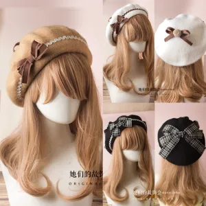 Berets Wool Blend Hat Women Bow Plaids Stripe Sailor Style Preppy Chic College Students Cap