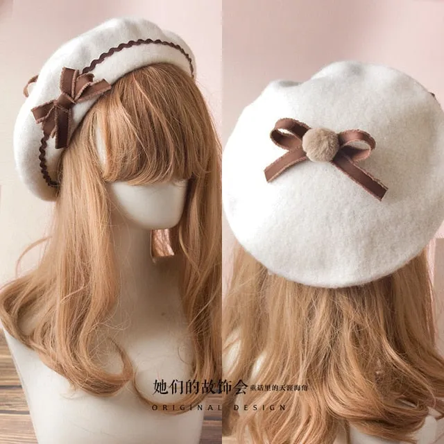 Berets Wool Blend Hat Women Bow Plaids Stripe Sailor Style Preppy Chic College Students Cap