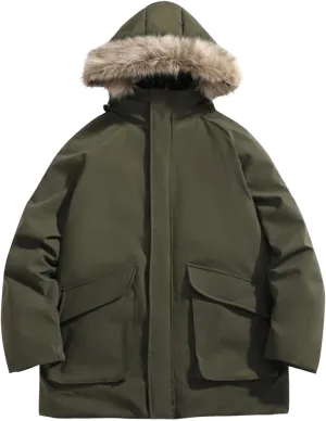 Bidobibo Reversible Quilted Jacket Men Winter Jacket with Fur Hood Winter Coats for Men Warm Parka Long Sleeve Puffer Coat