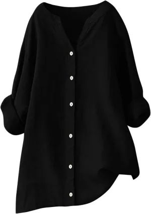 Binmer Womens Linen V Neck Button Down Shirts Oversized Long Sleeve Casual Blouse Loose Fit Solid Tunic Tops Plus Size