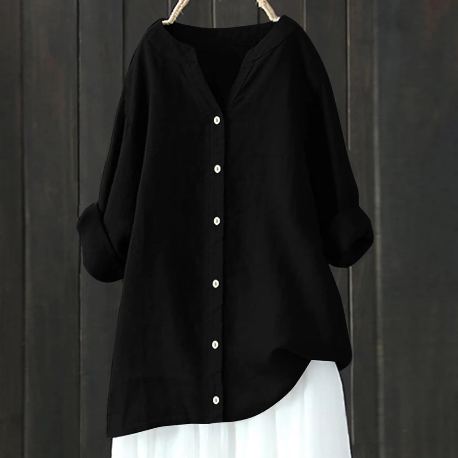 Binmer Womens Linen V Neck Button Down Shirts Oversized Long Sleeve Casual Blouse Loose Fit Solid Tunic Tops Plus Size