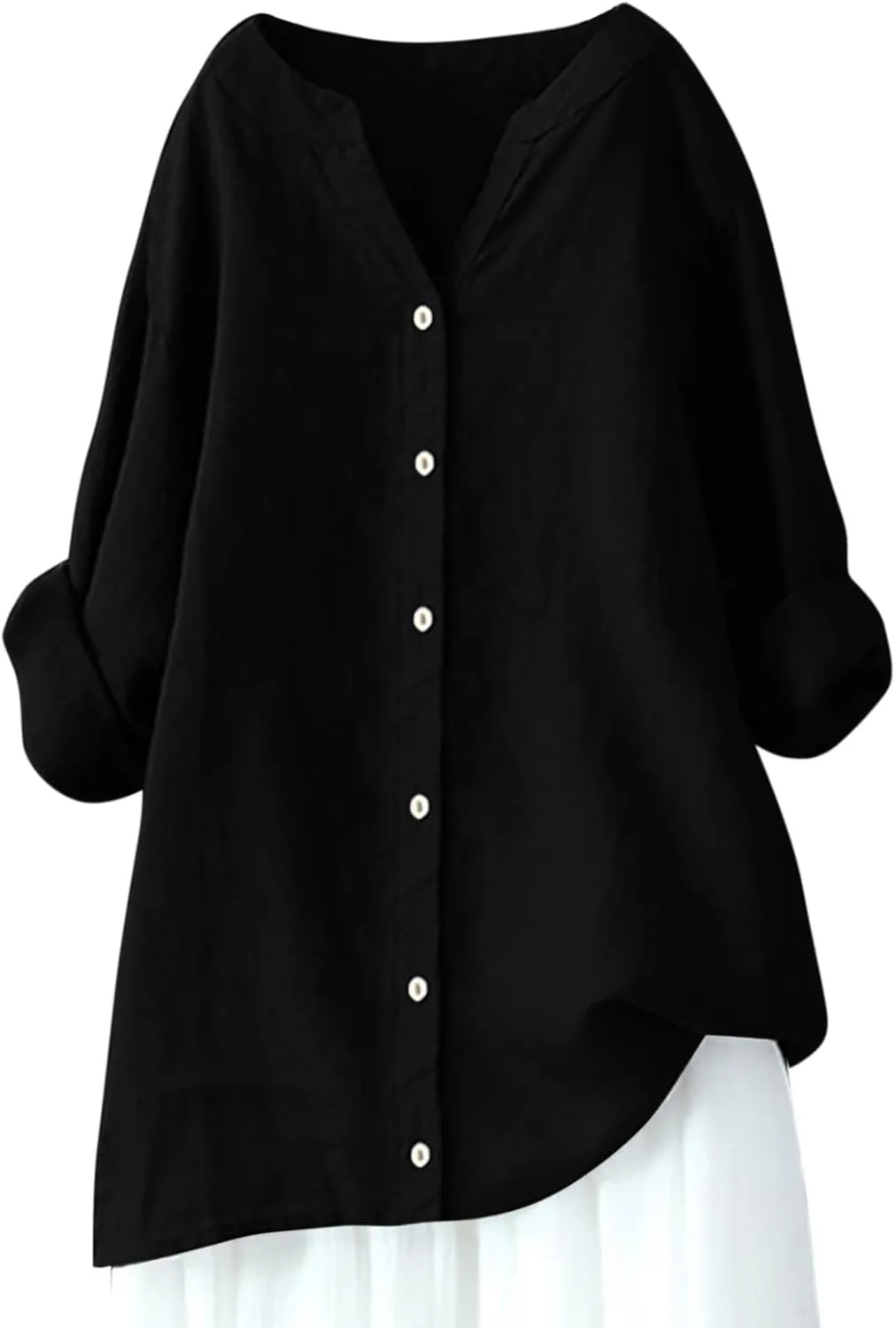 Binmer Womens Linen V Neck Button Down Shirts Oversized Long Sleeve Casual Blouse Loose Fit Solid Tunic Tops Plus Size