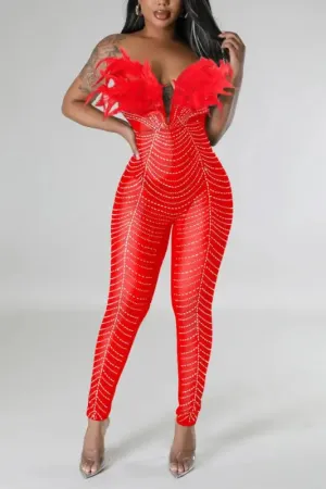 Birds Of A Feather Strapless Mesh Jumpsuit