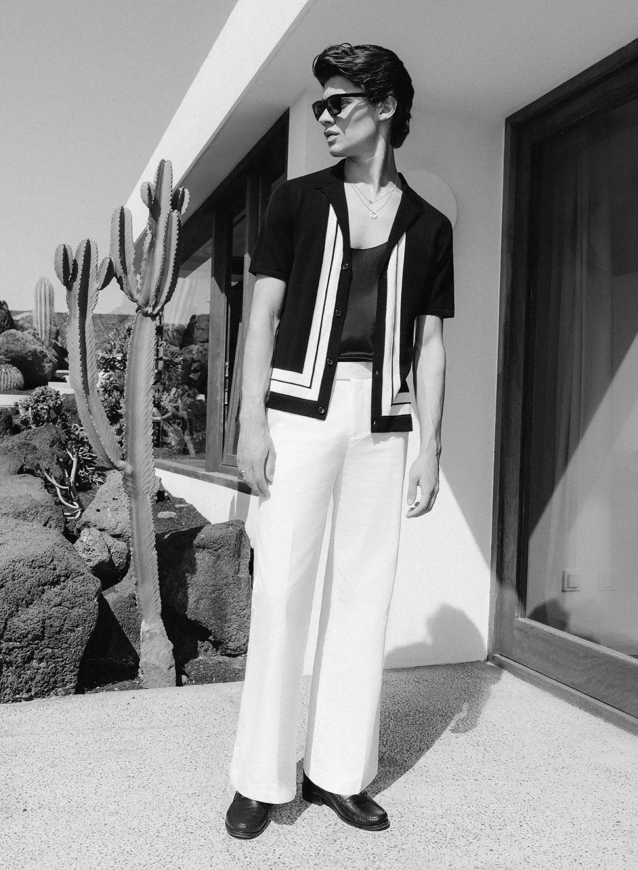 Black 50's Cuban Shirt with White Stripe Border