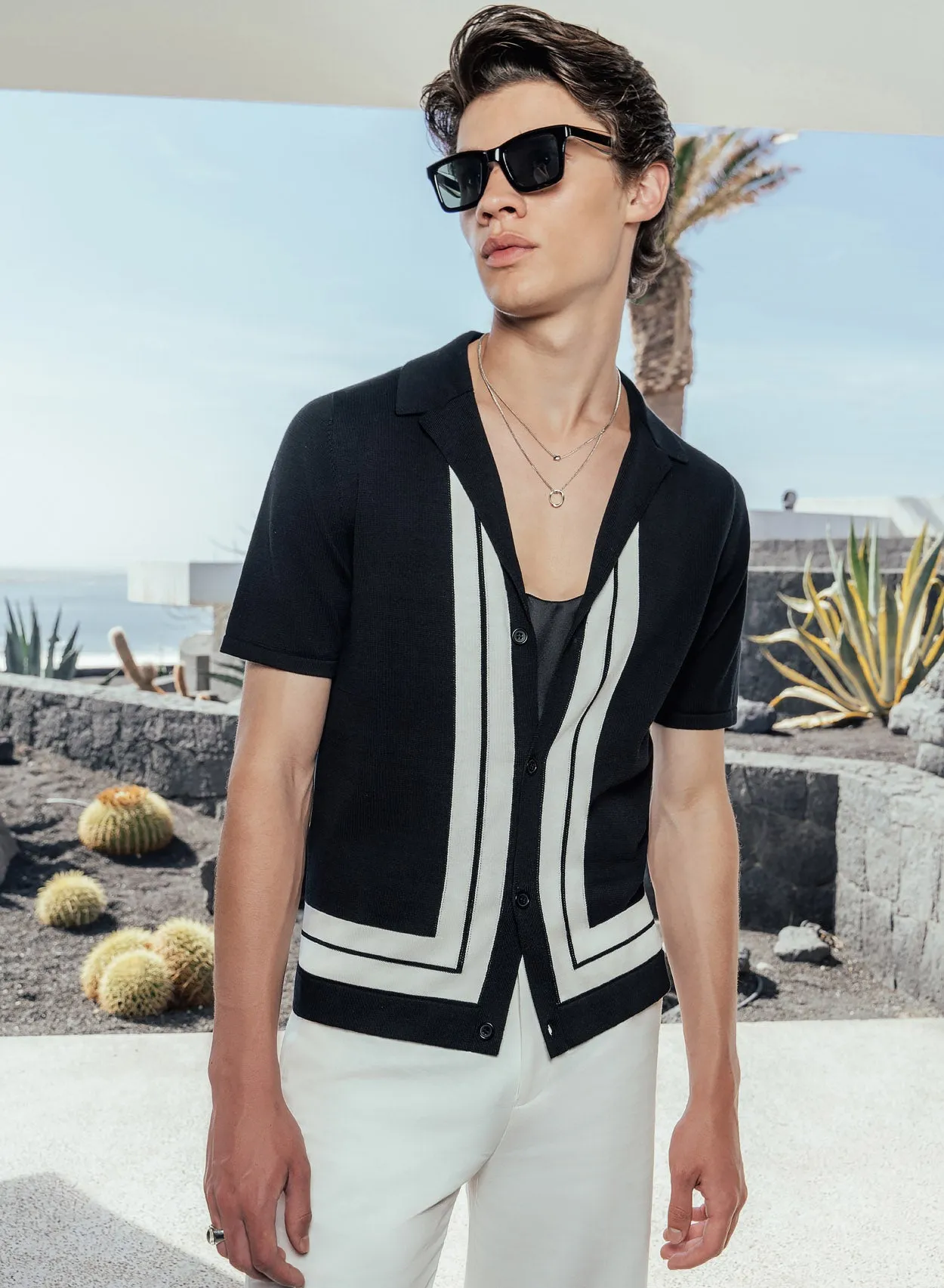 Black 50's Cuban Shirt with White Stripe Border