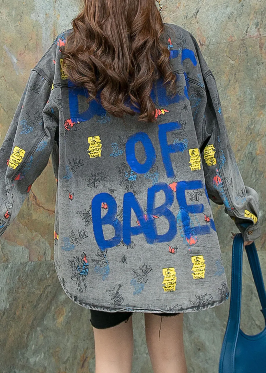 Black Grey Graphic Patchwork Denim Shirts Coat Peter Pan Collar Spring LY5219