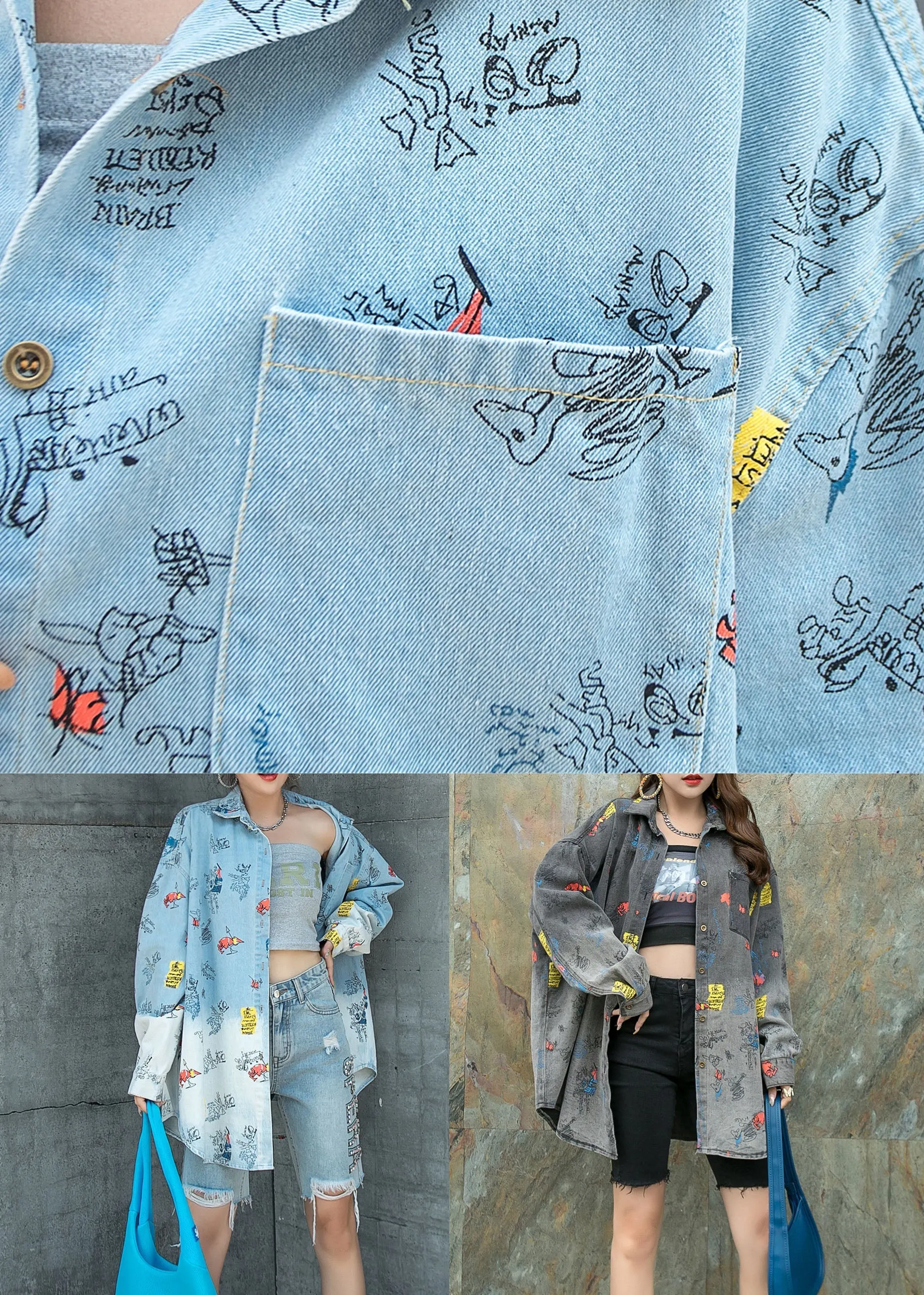 Black Grey Graphic Patchwork Denim Shirts Coat Peter Pan Collar Spring LY5219