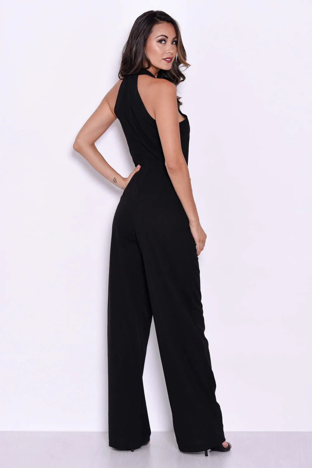 Black Halterneck Jumpsuit With Military Buttons