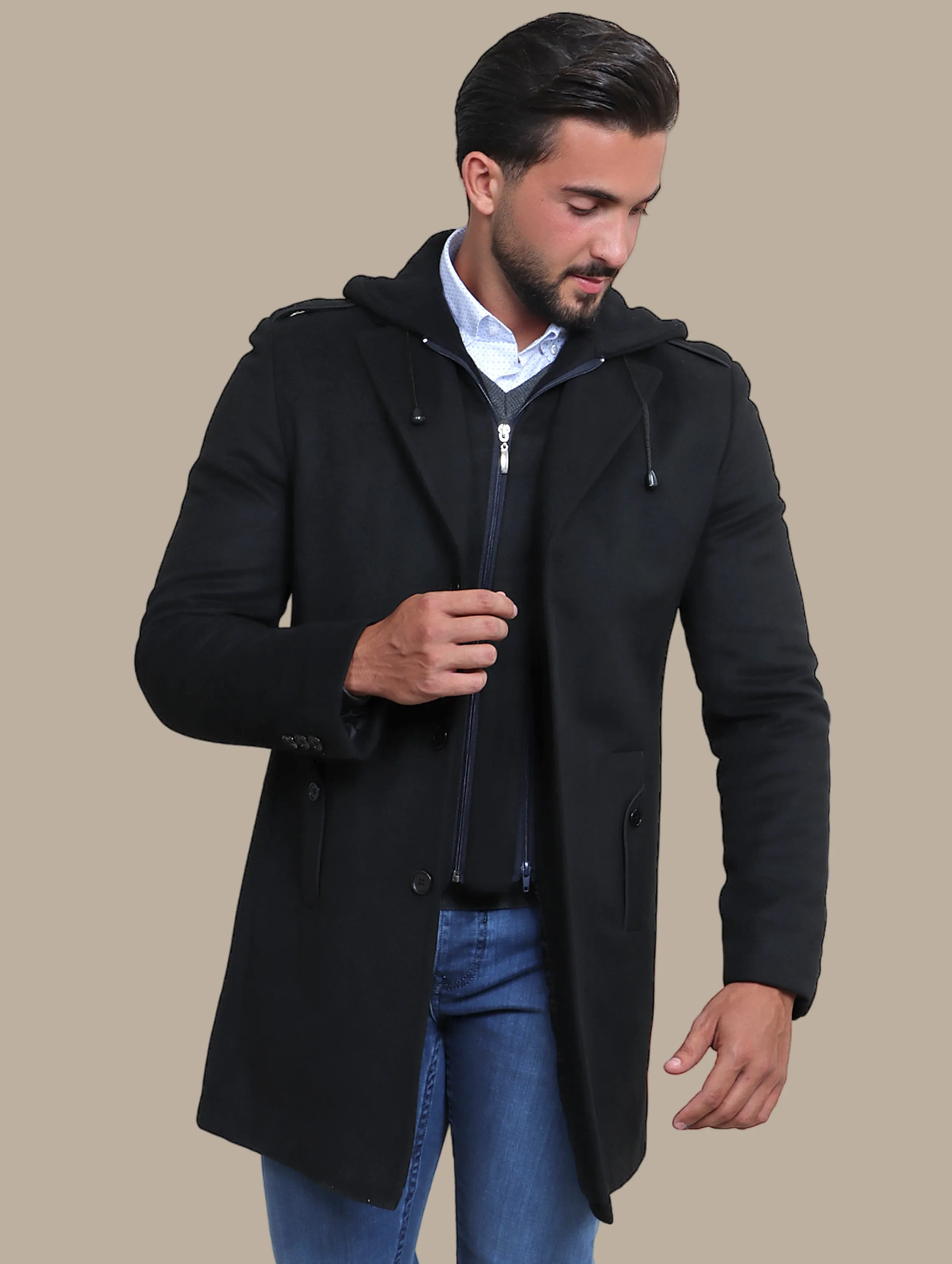 Black Hooded Military Coat