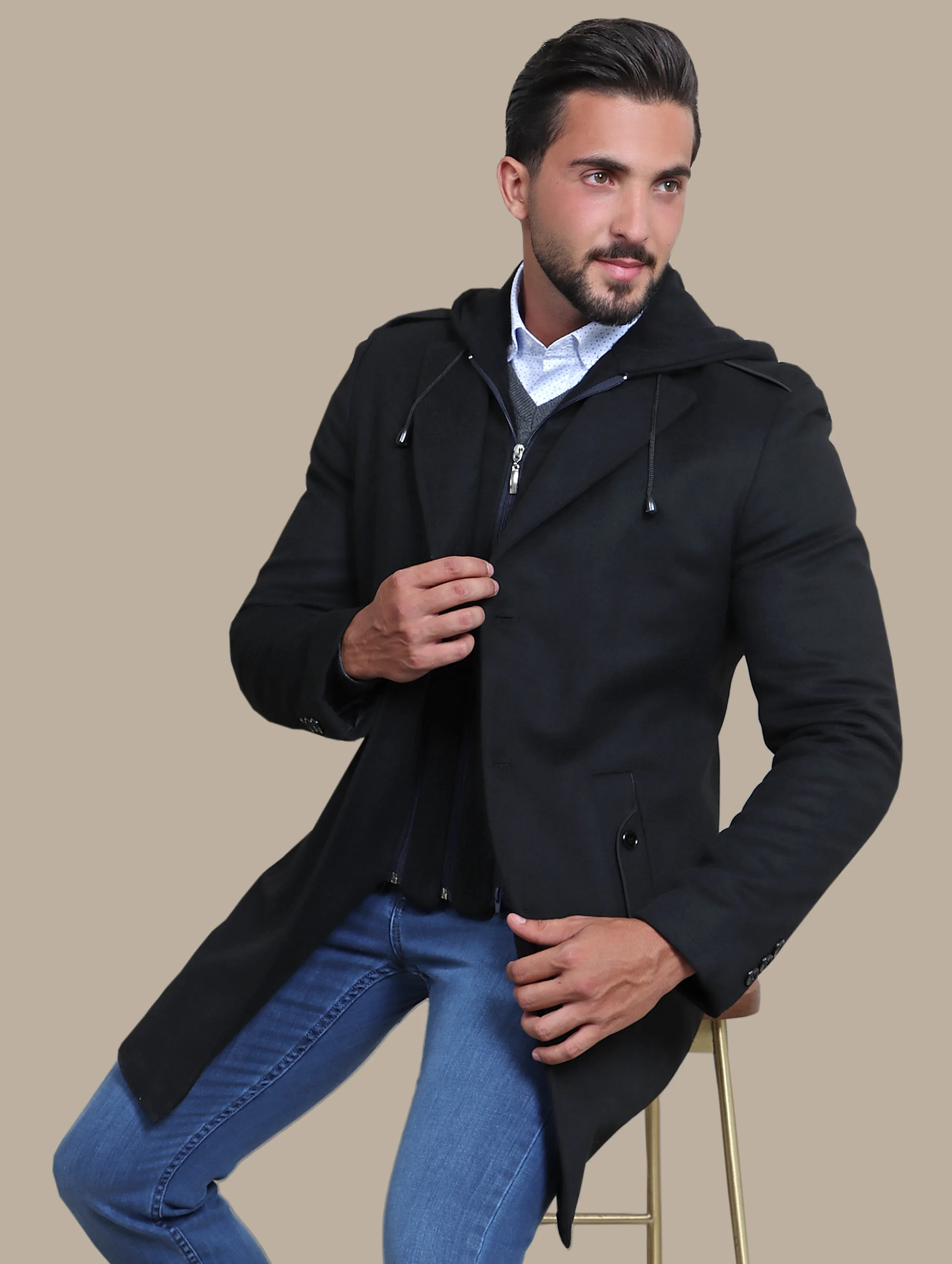Black Hooded Military Coat
