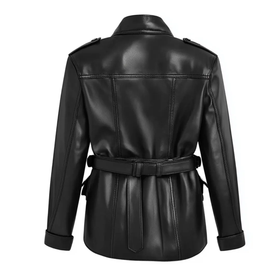 Black Leather Utility Jacket - Belted Military-Inspired Style | El Zoro