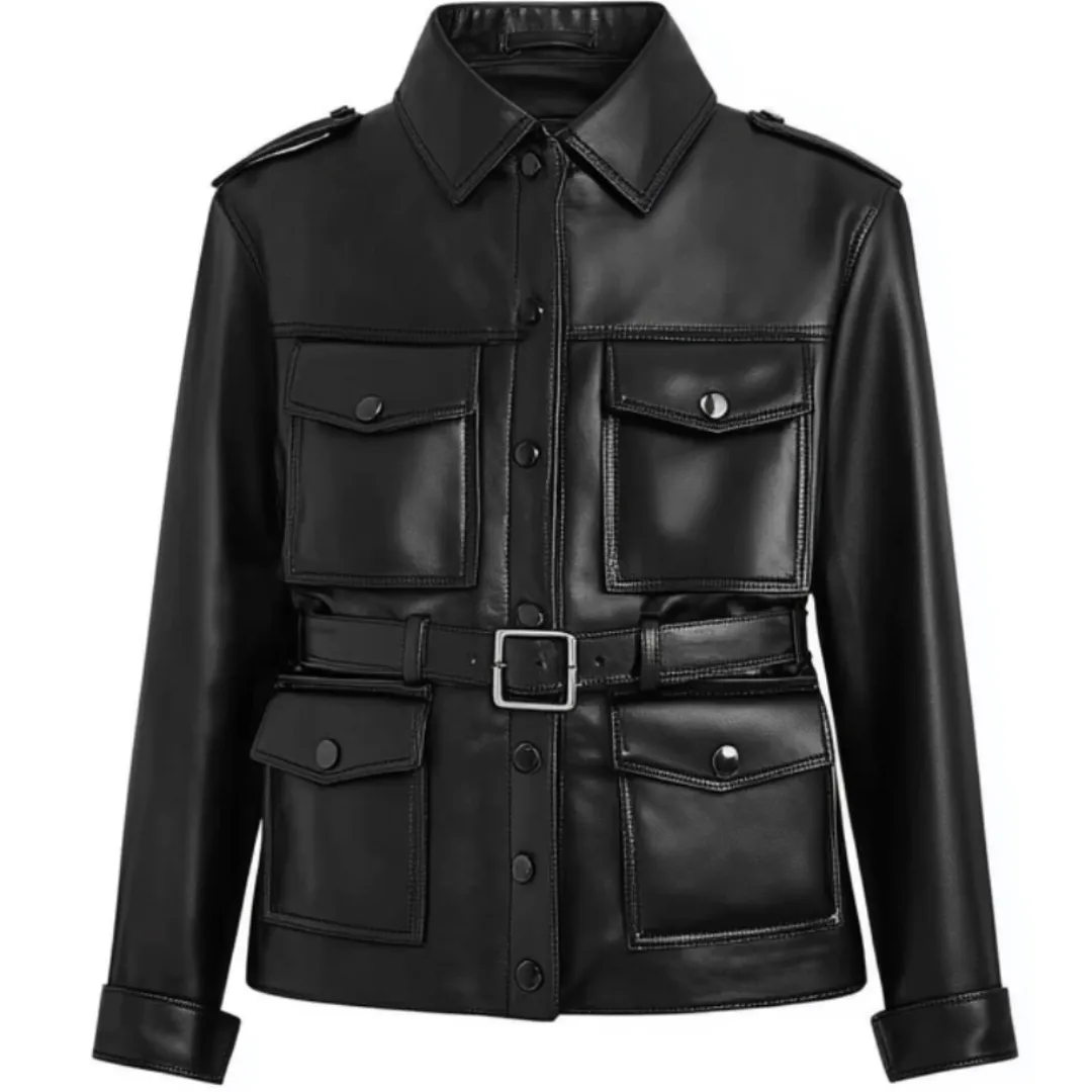 Black Leather Utility Jacket - Belted Military-Inspired Style | El Zoro