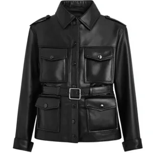 Black Leather Utility Jacket - Belted Military-Inspired Style | El Zoro