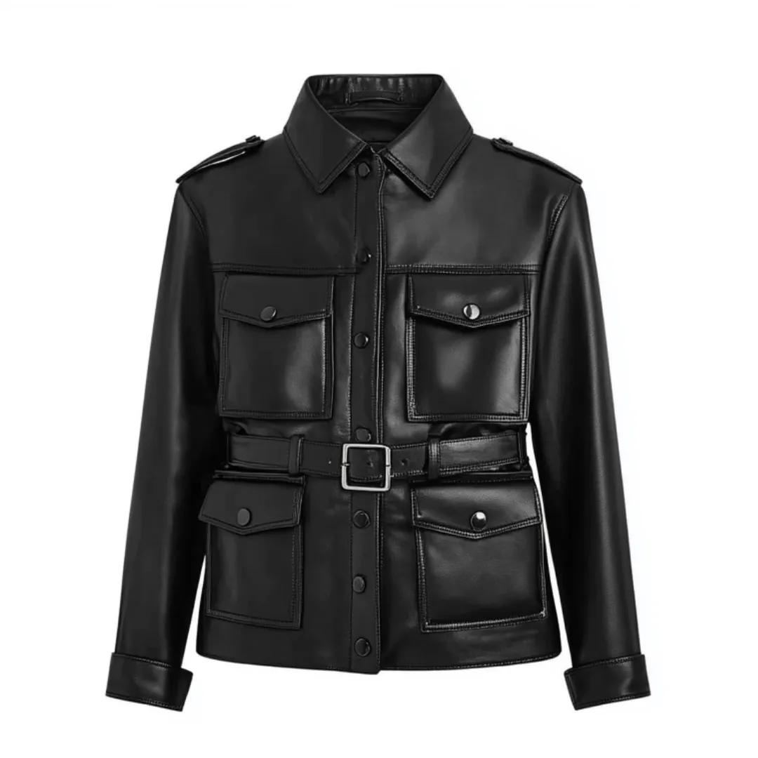 Black Leather Utility Jacket - Belted Military-Inspired Style | El Zoro