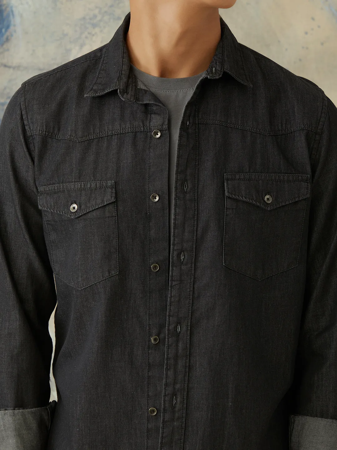 Black Plain Doube Pocket Denim Shirt