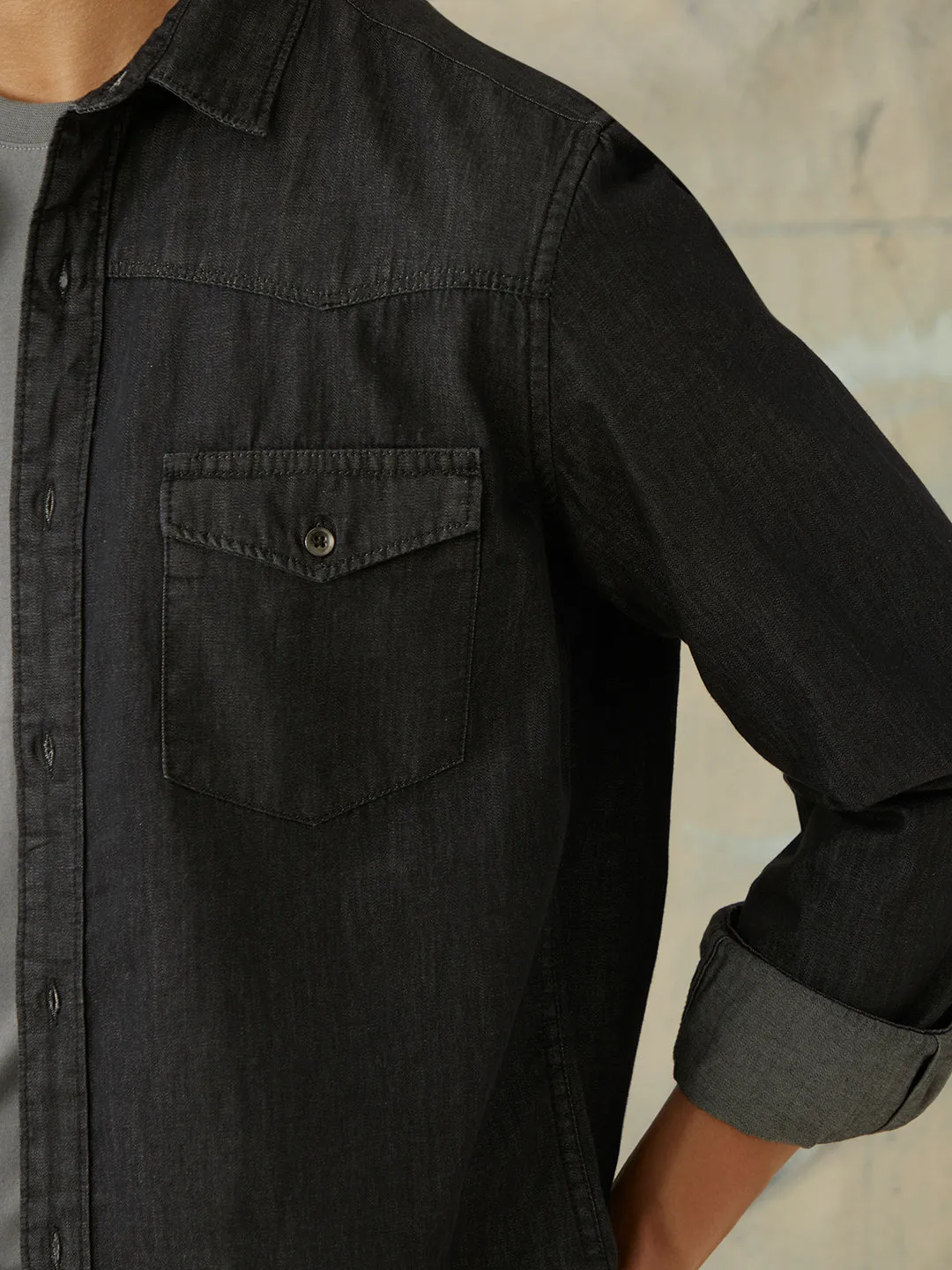 Black Plain Doube Pocket Denim Shirt