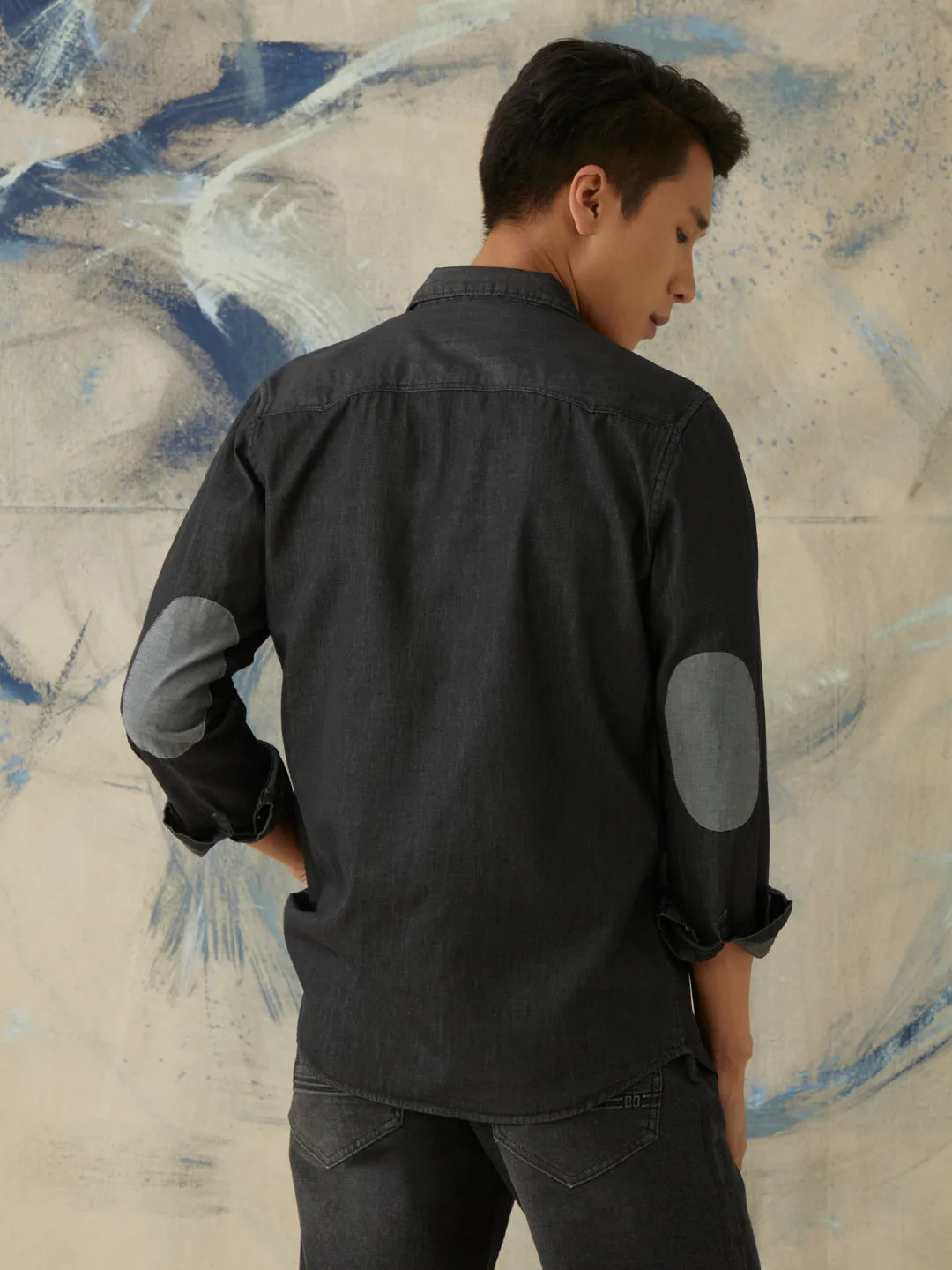 Black Plain Doube Pocket Denim Shirt