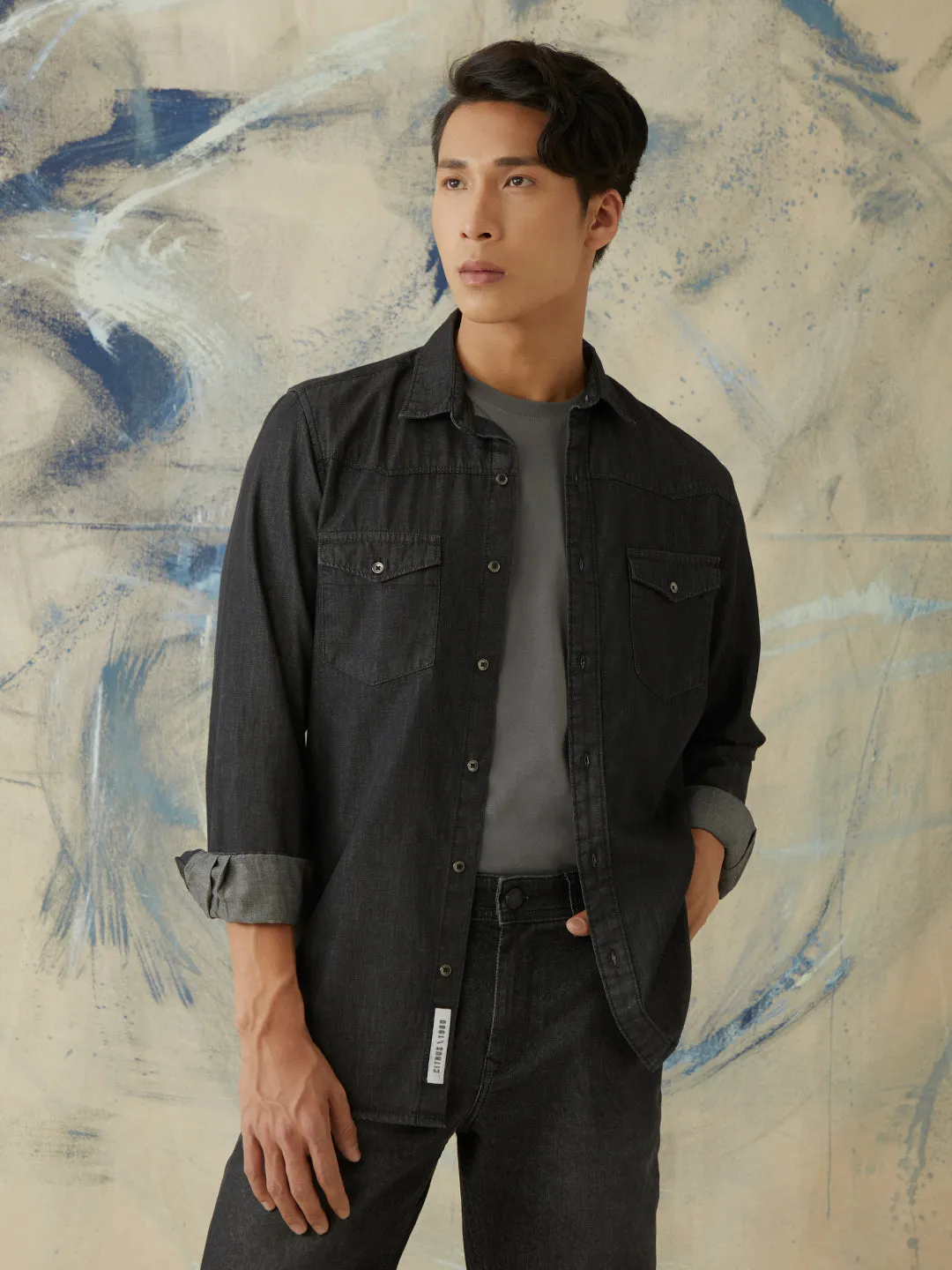 Black Plain Doube Pocket Denim Shirt