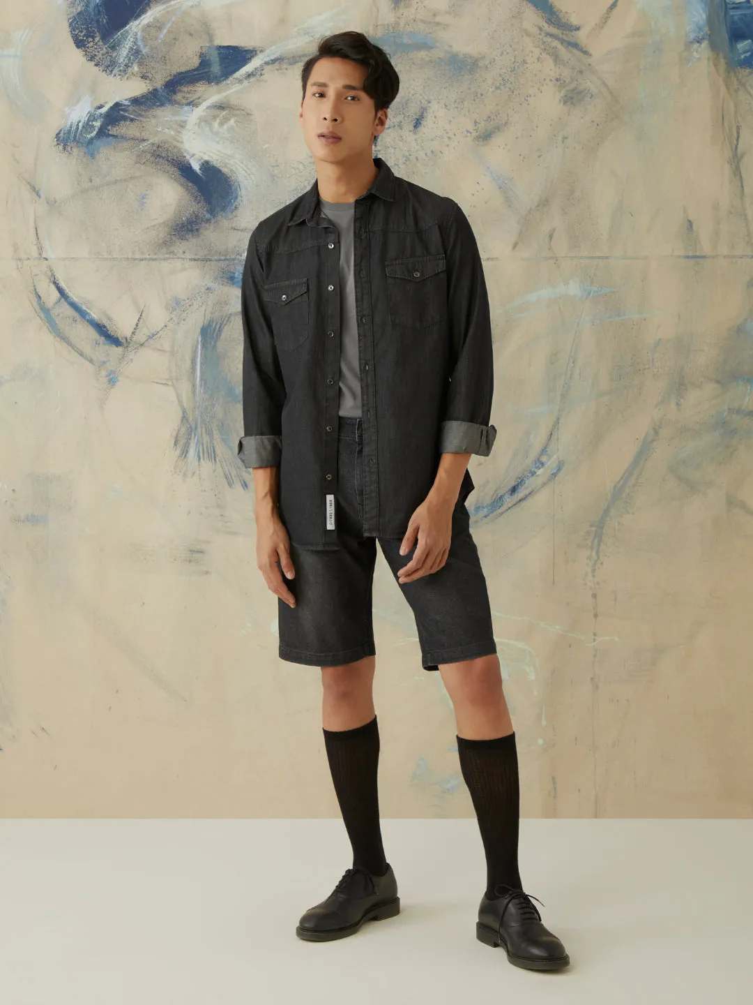 Black Plain Doube Pocket Denim Shirt