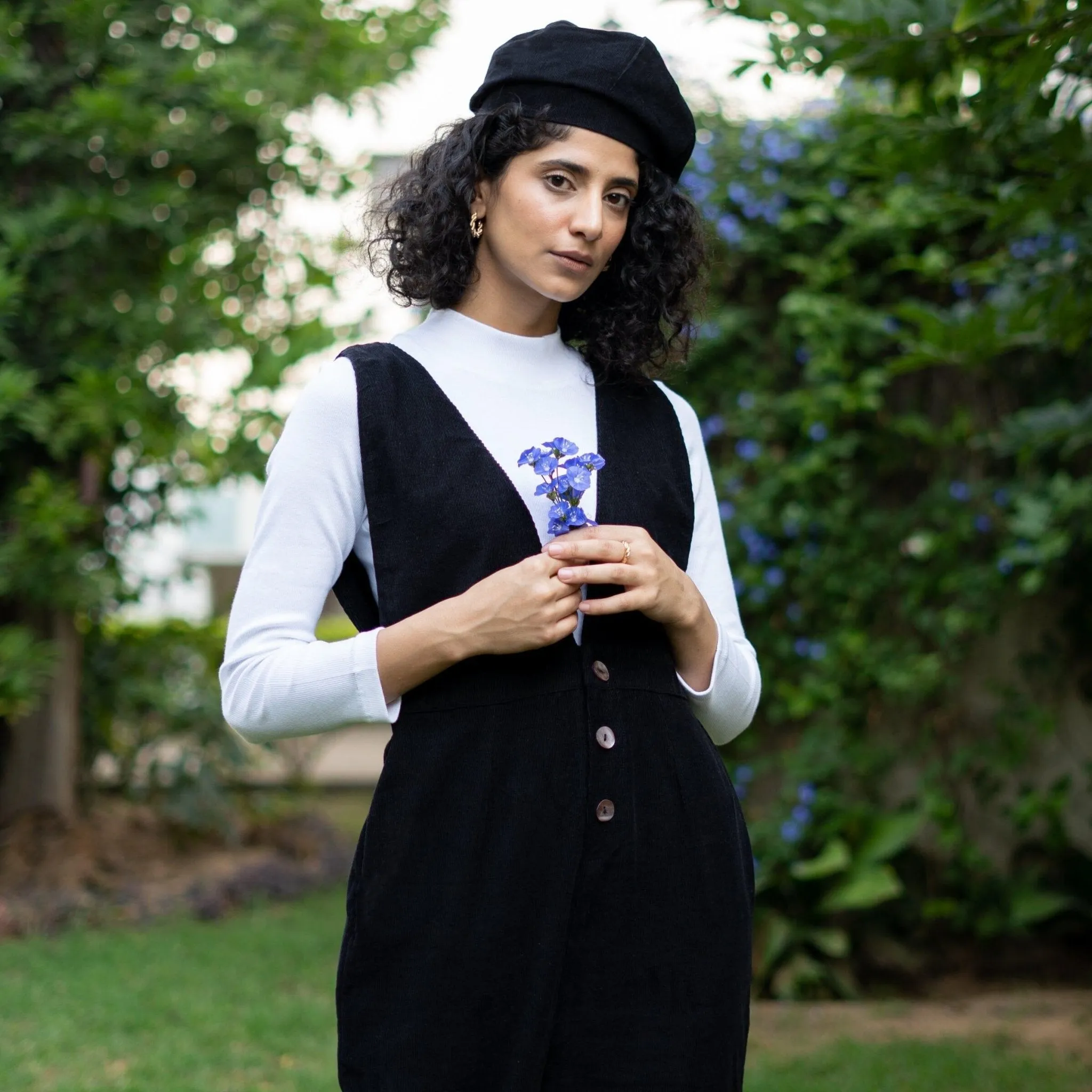 Black Warm Cotton Corduroy Deep Neck Pinafore Jumpsuit
