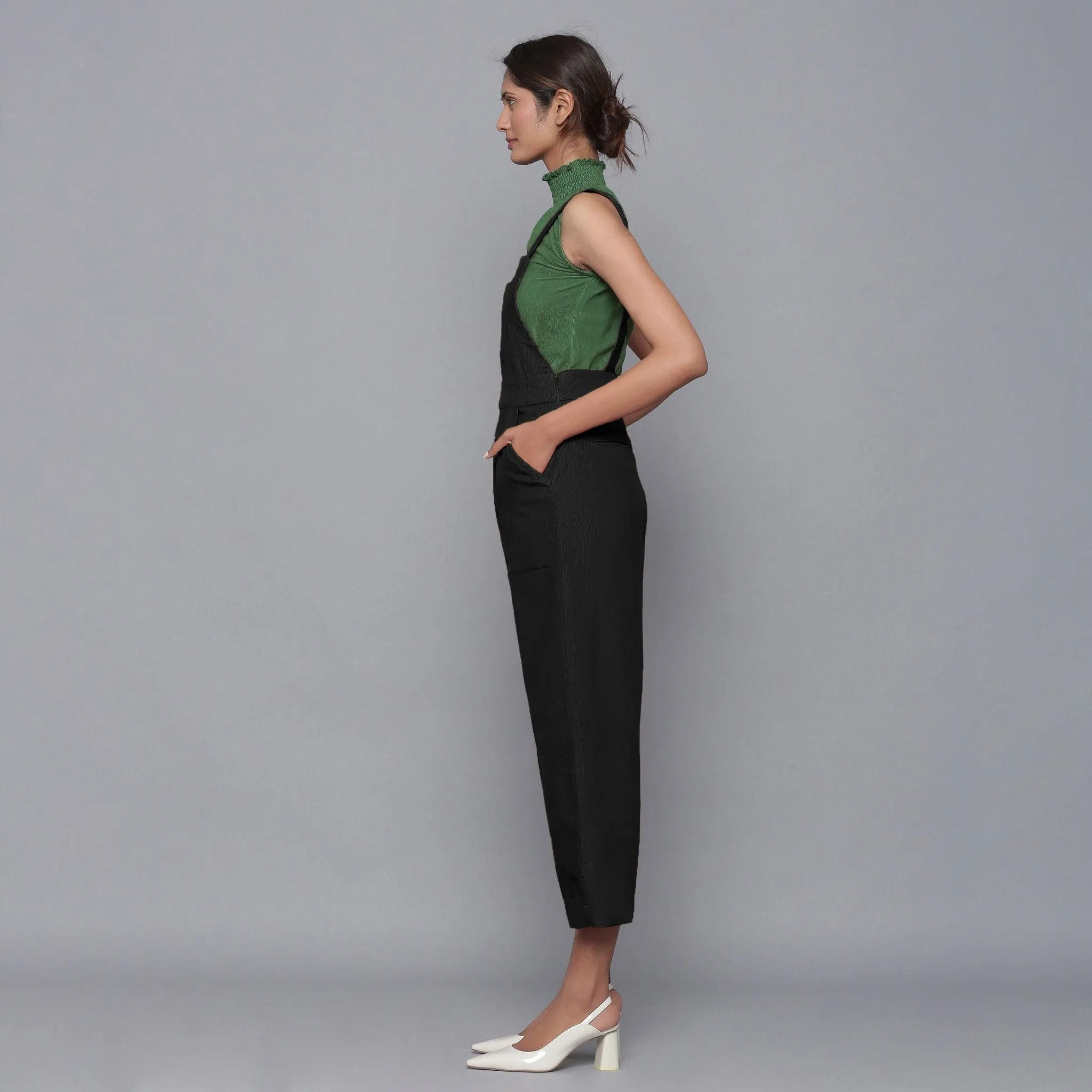 Black Warm Cotton Corduroy Dungaree Jumpsuit