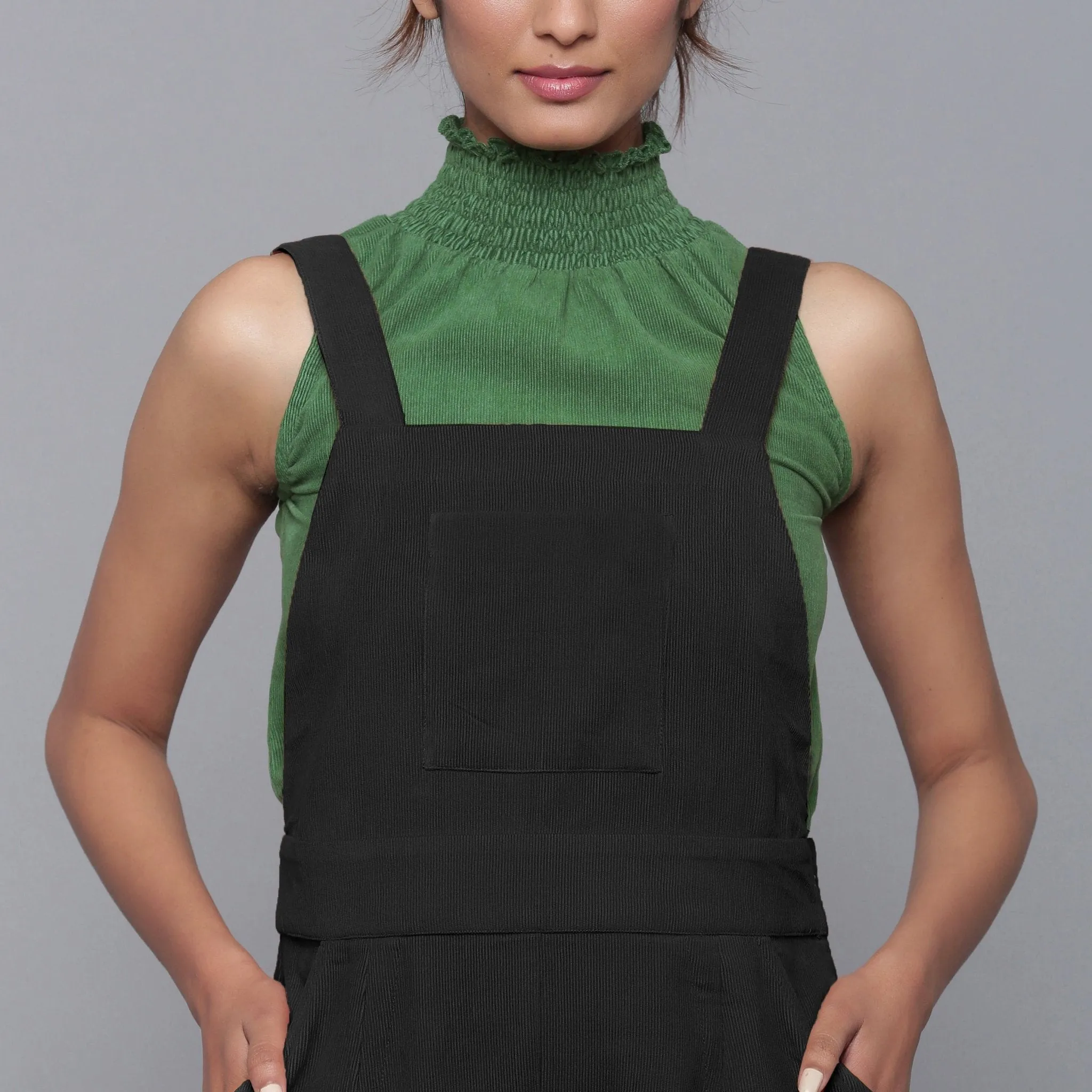 Black Warm Cotton Corduroy Dungaree Jumpsuit