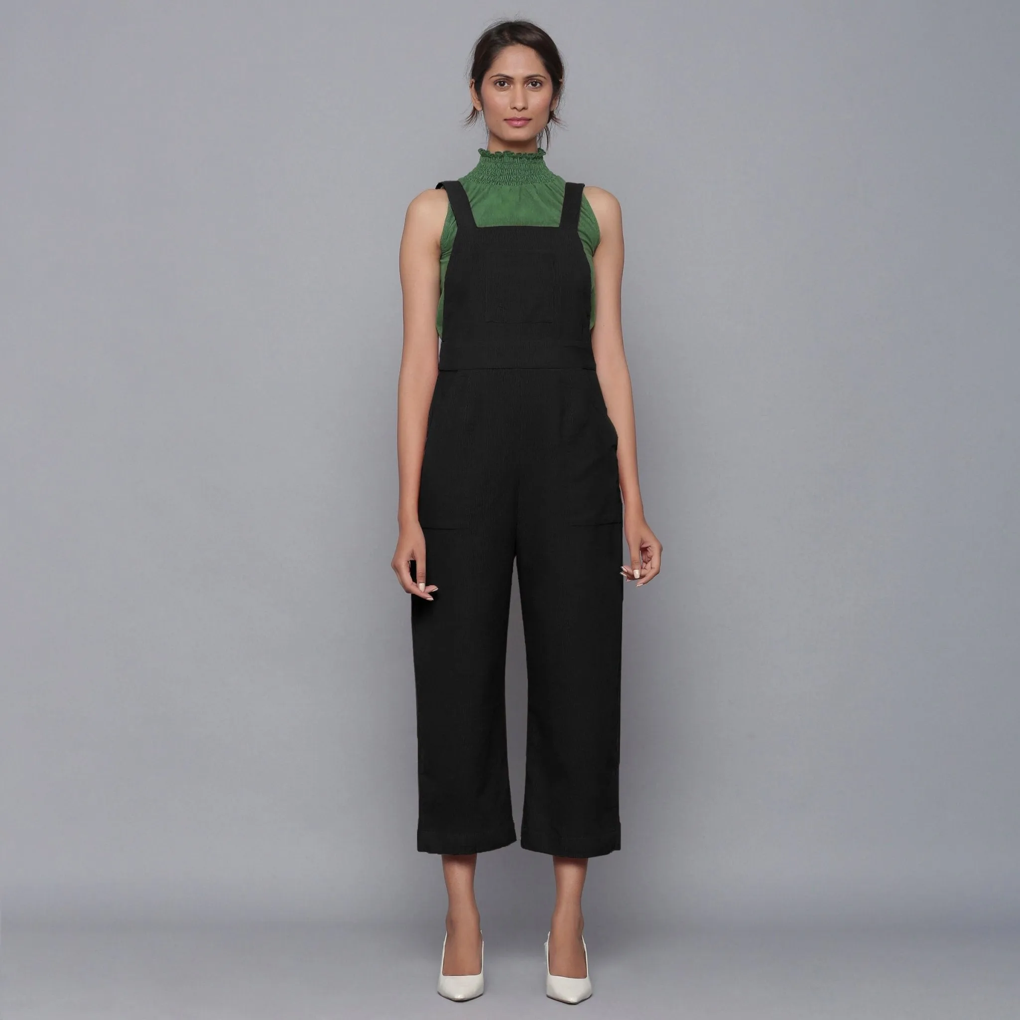 Black Warm Cotton Corduroy Dungaree Jumpsuit