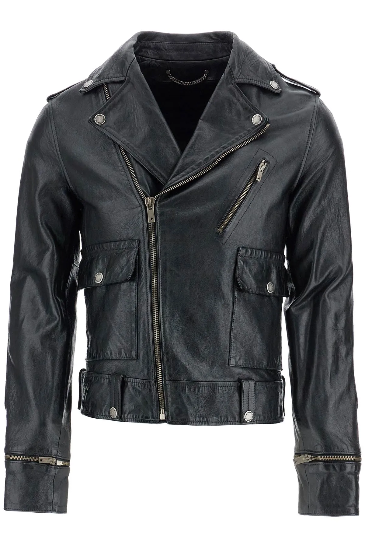 black waxed leather biker jacket with zip GMP02258 P001195 BLACK
