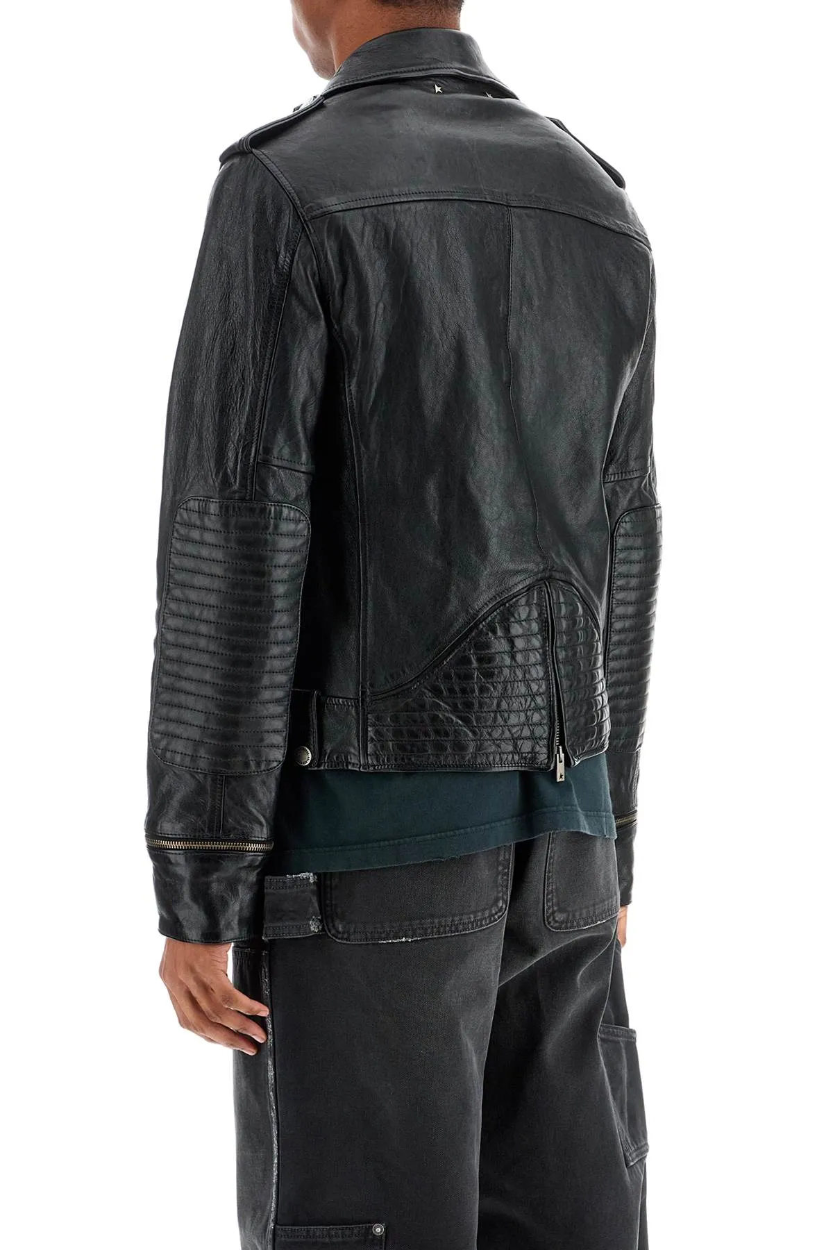 black waxed leather biker jacket with zip GMP02258 P001195 BLACK