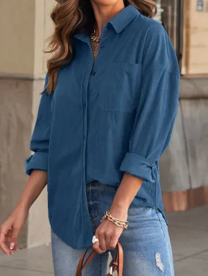 Blue Corduroy Button Pocket Blouse