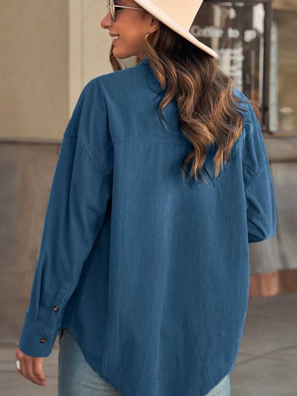 Blue Corduroy Button Pocket Blouse