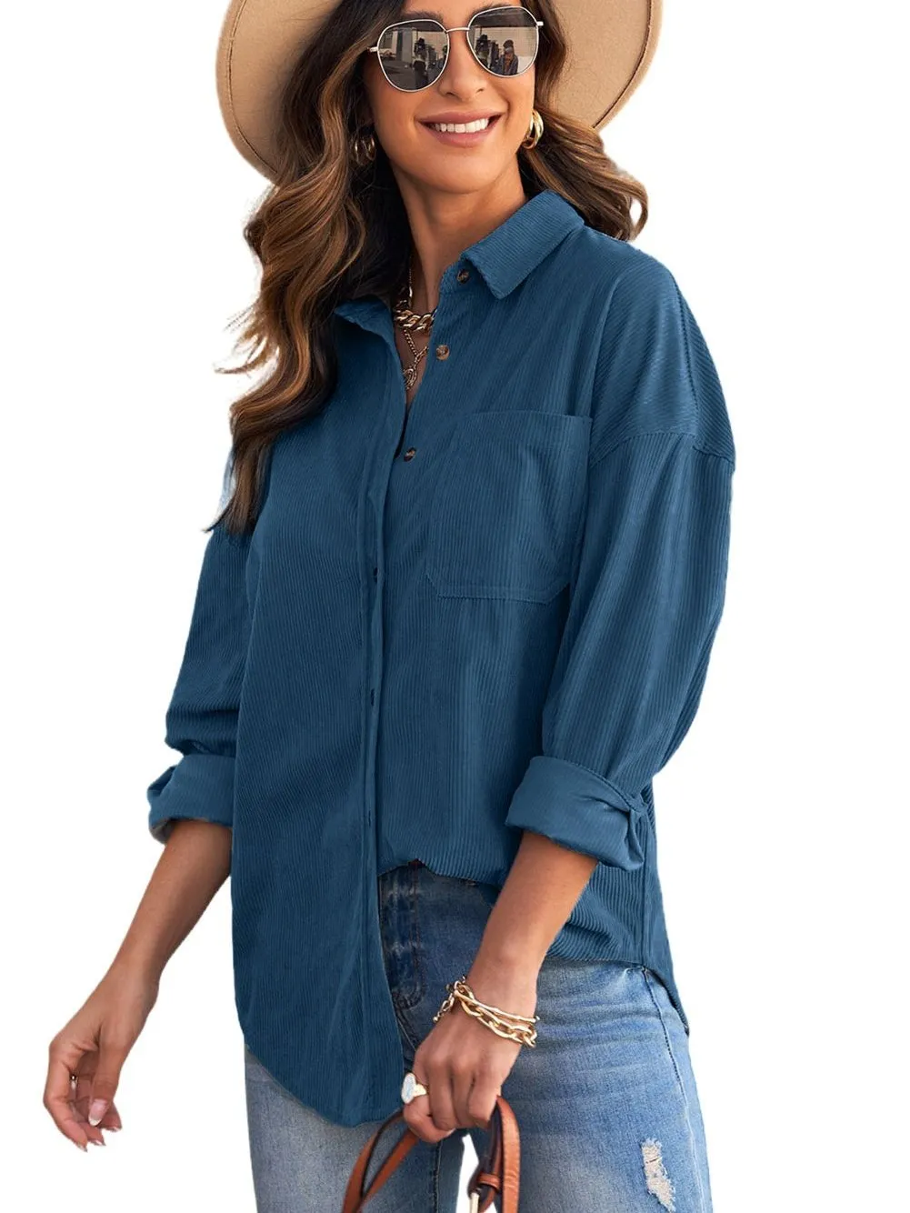Blue Corduroy Button Pocket Blouse