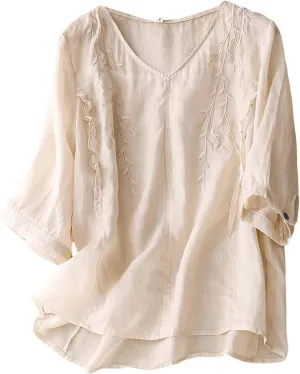 Boho Linen Shirts for Women 2025 Crew Neck Floral Retro Casual Short Sleeved Tee Shirts Loose Boho Comfy Blouses