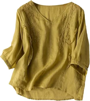Boho Linen Shirts for Women 2025 Crew Neck Floral Retro Casual Short Sleeved Tee Shirts Loose Boho Comfy Blouses