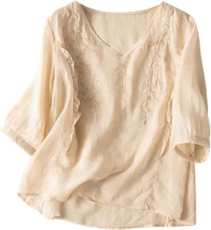 Boho Linen Shirts for Women 2025 Crew Neck Floral Retro Casual Short Sleeved Tee Shirts Loose Boho Comfy Blouses